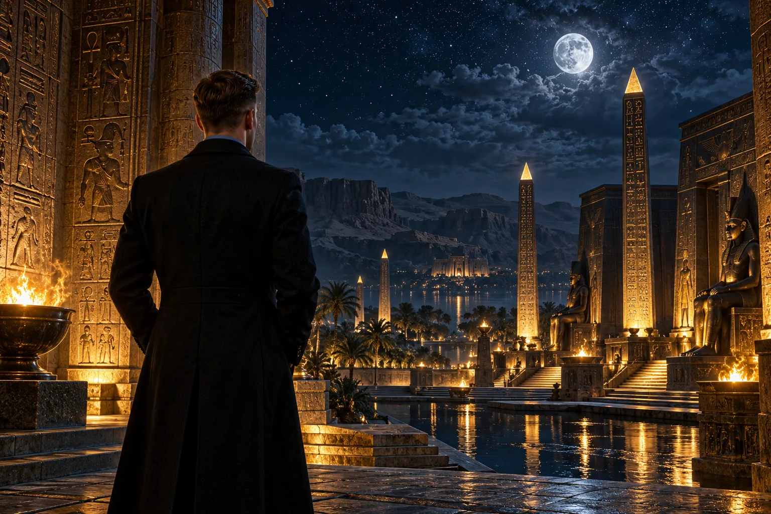 A traveler approaches a moonlit Egyptian temple
