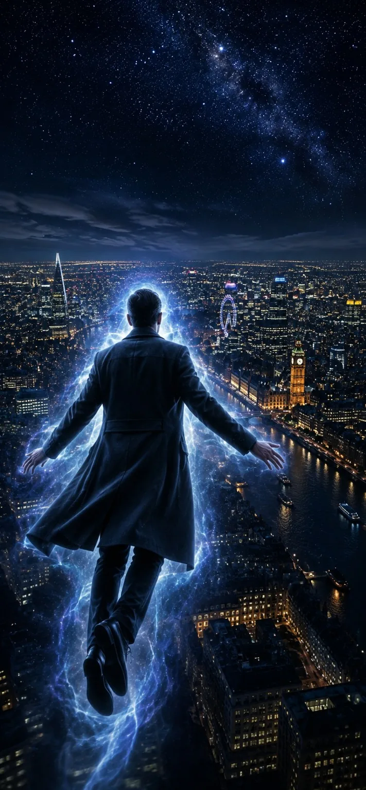 Conceptual artwork of a figure traveling above a starlit city