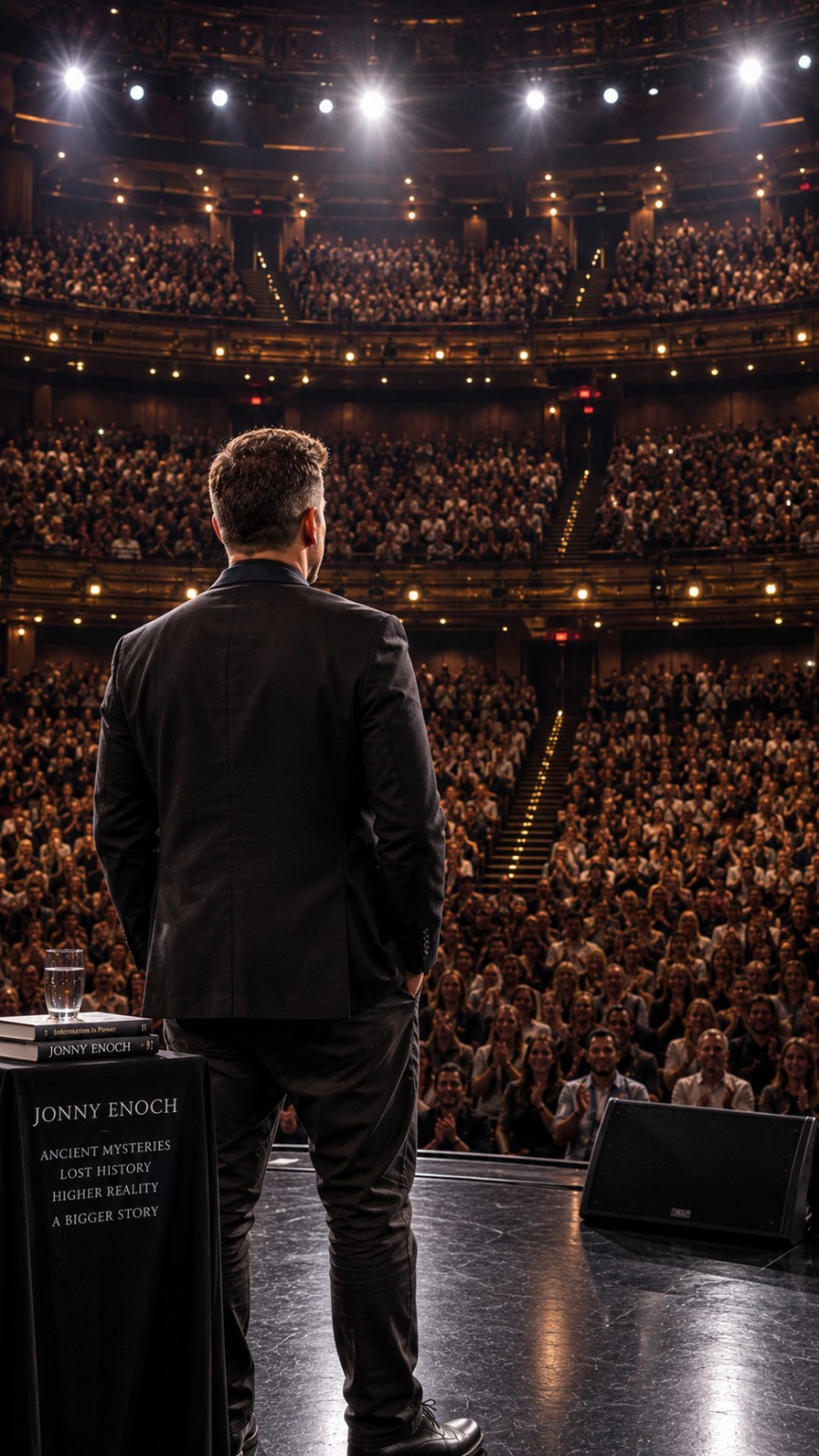 Conceptual illustration of Jonny Enoch facing an auditorium from the stage