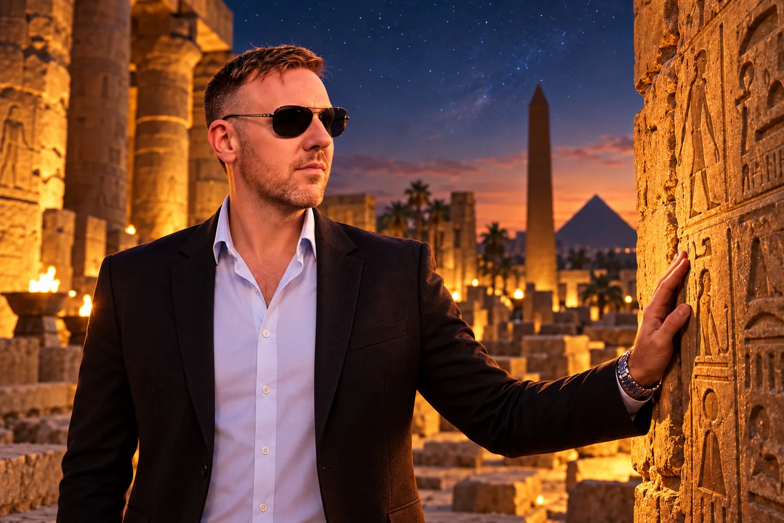 Illustration of Jonny investigating an Egyptian temple at dusk