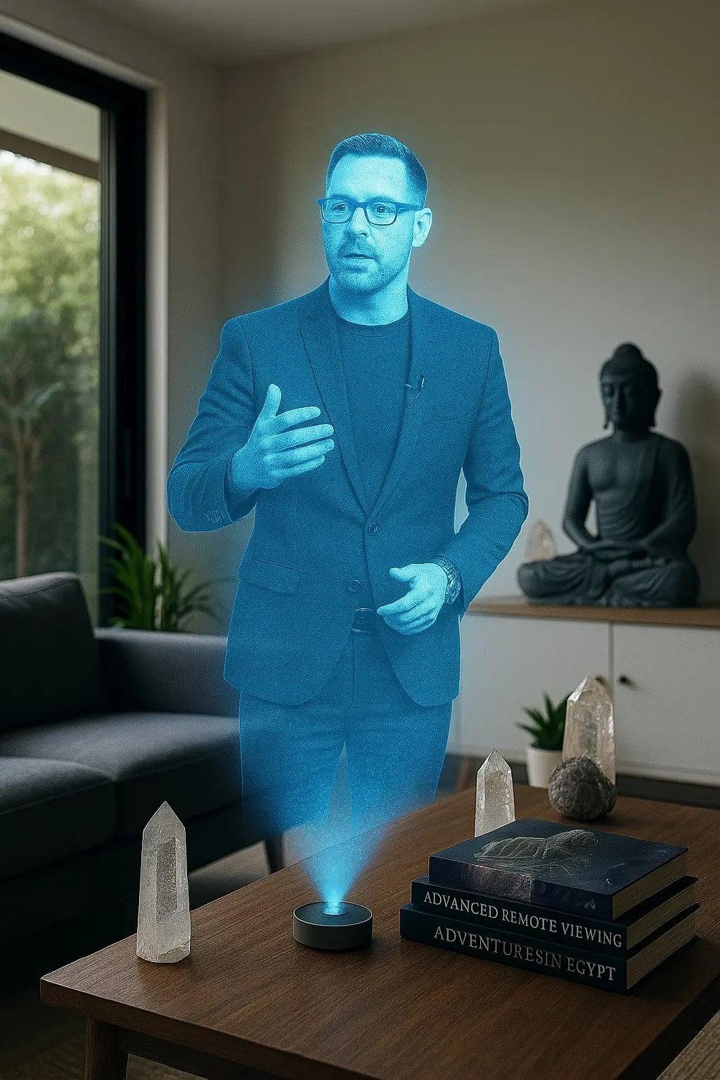 Jonny appearing as a blue hologram above a table