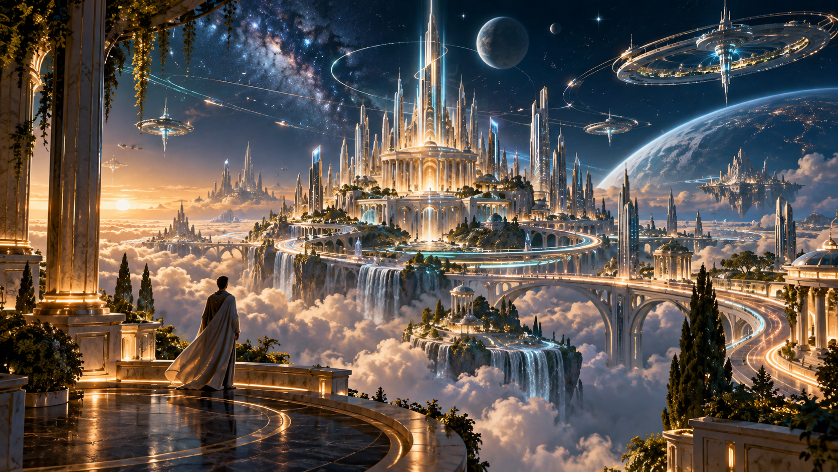 An imagined future city above the clouds, with luminous towers and orbital habitats