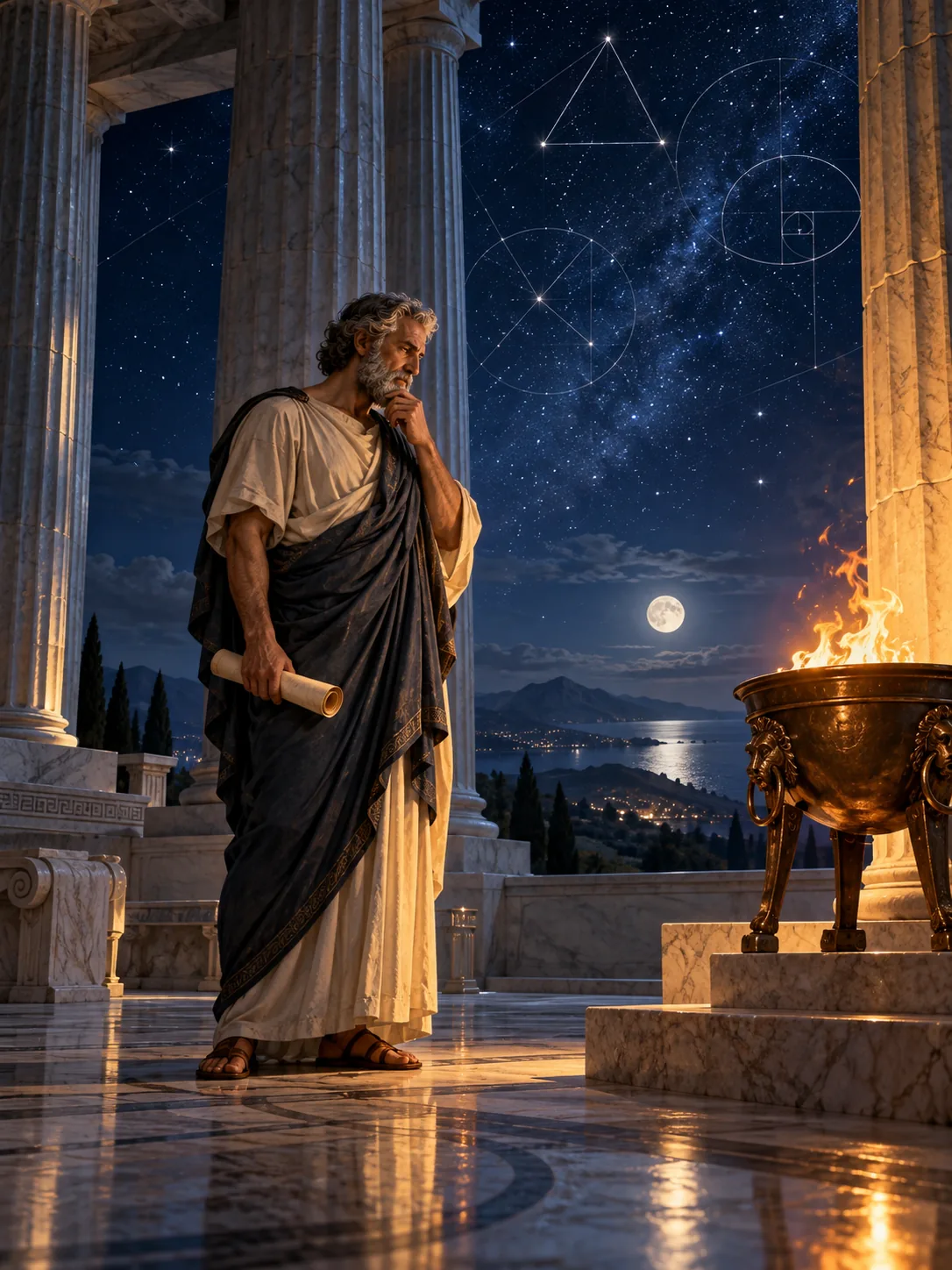 A philosopher beneath the stars beside a firelit temple brazier