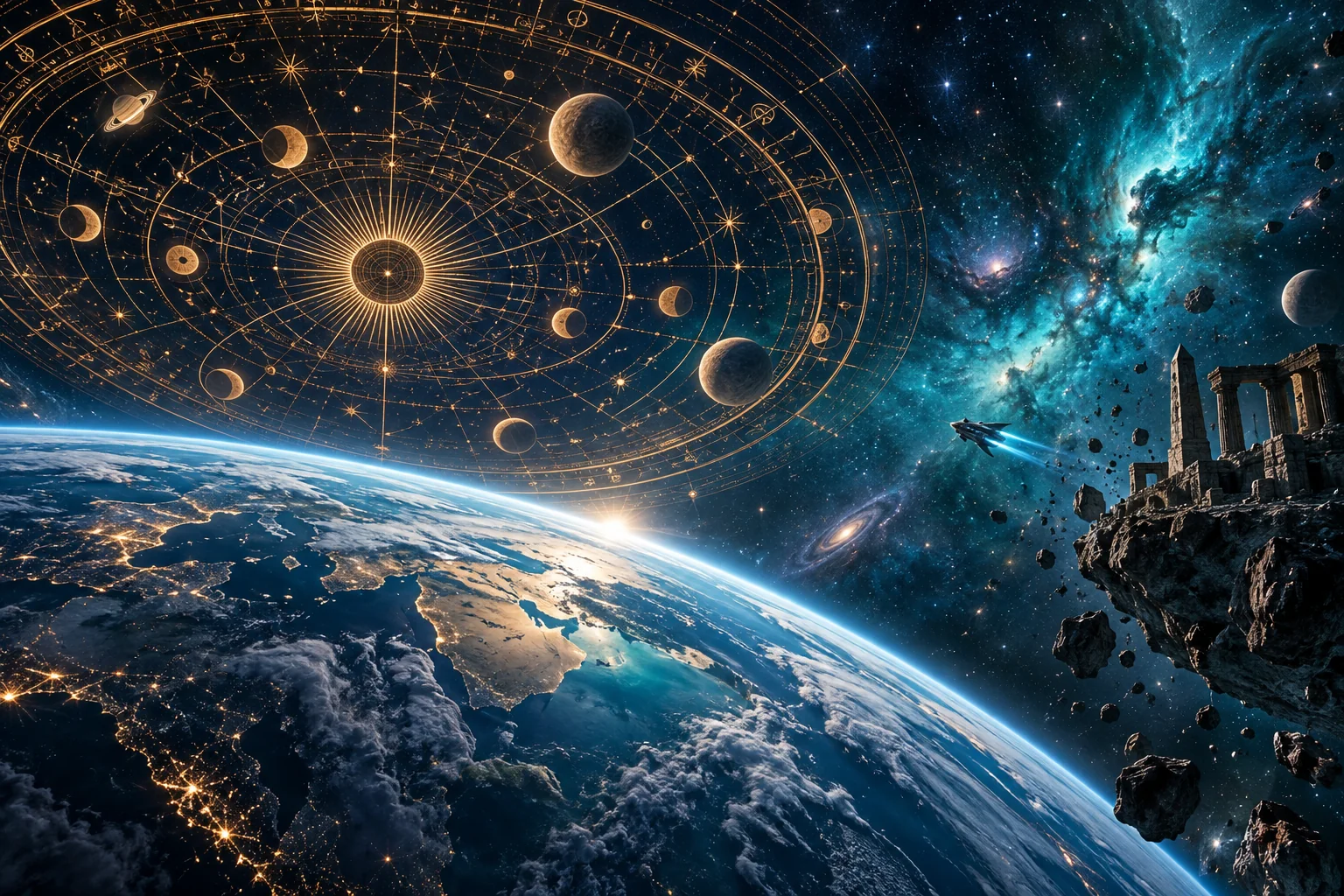 Earth beneath a golden celestial map and blue nebula