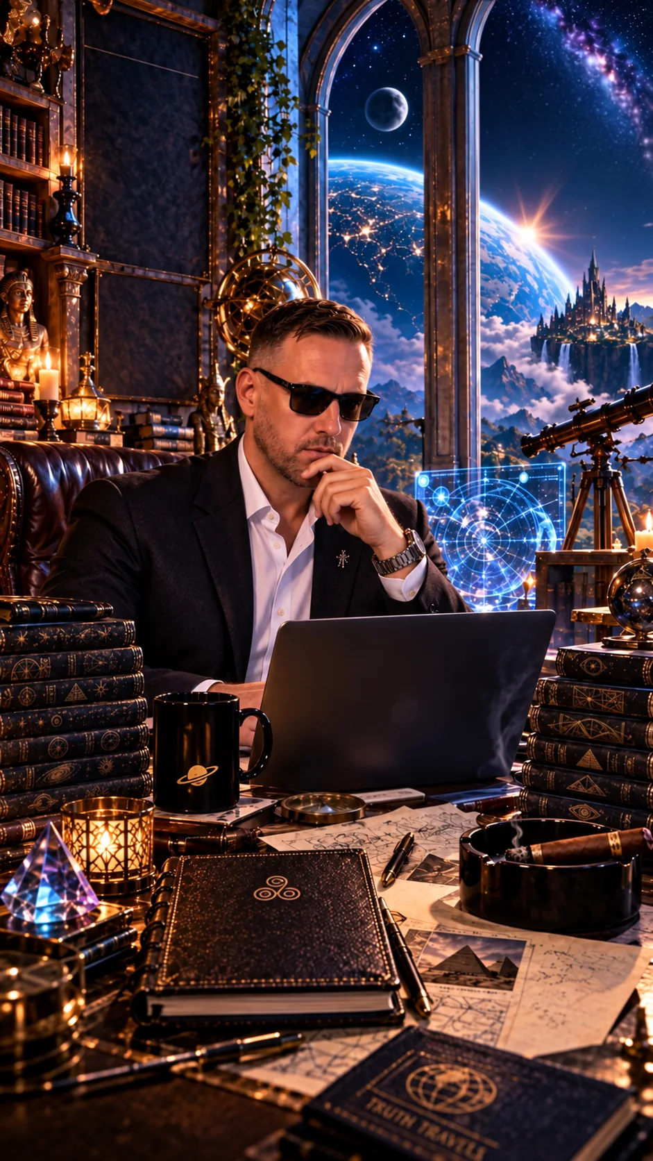 Jonny working at his desk beneath a starry sky